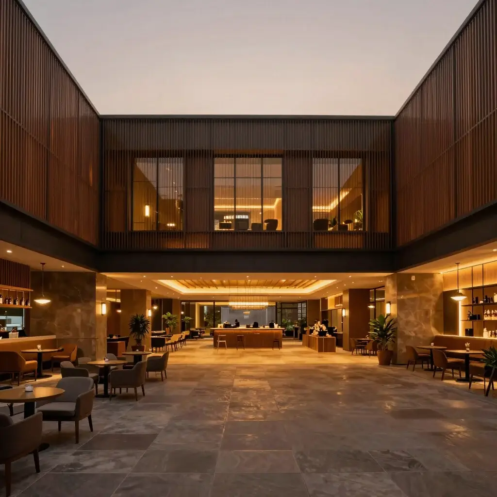 Ambient hotel lobby in Mumbai, warm evening mood lighting, contem