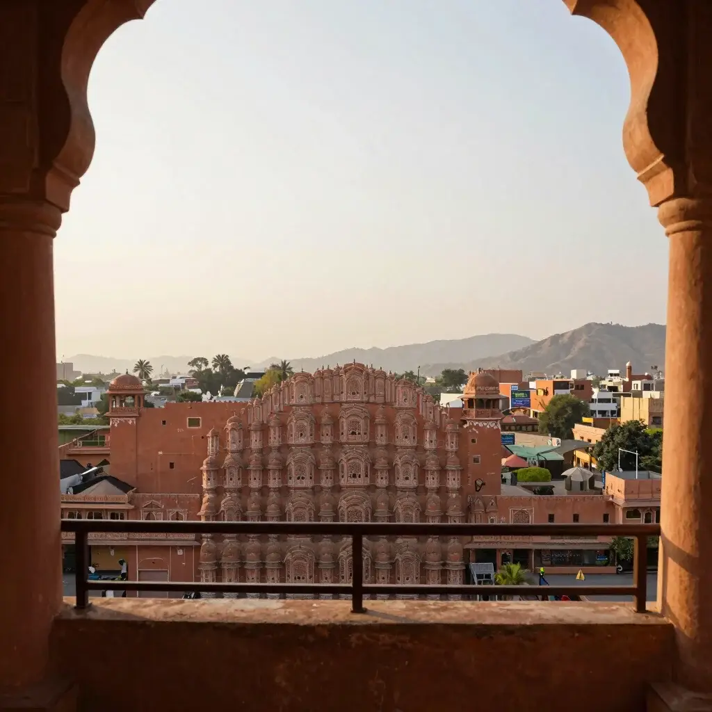 Serene hotel balcony overlooking a cityscape in Jaipur, soft gold