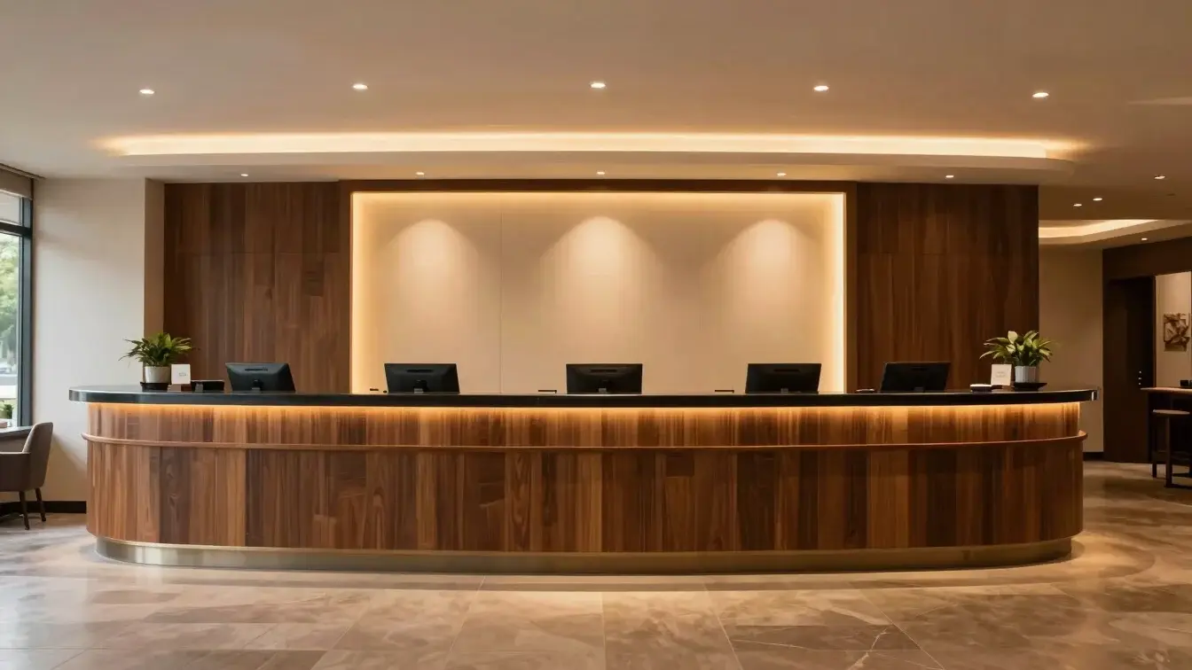 Clean, well-lit hotel reception desk, warm lighting, no people, wide lens.