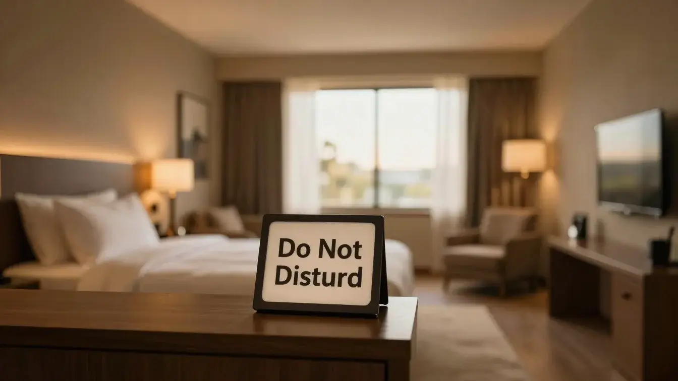 Subtle detail of a hotel room with a 'Do Not Disturb' sign, soft focus, warm light.