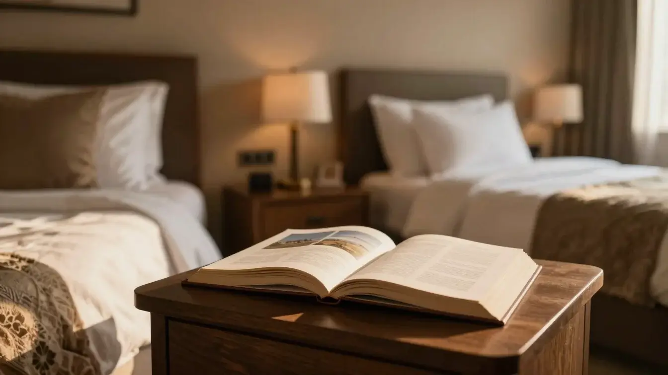 Open hotel room guide book on a bedside table, soft golden hour light, inviting atmosphere.