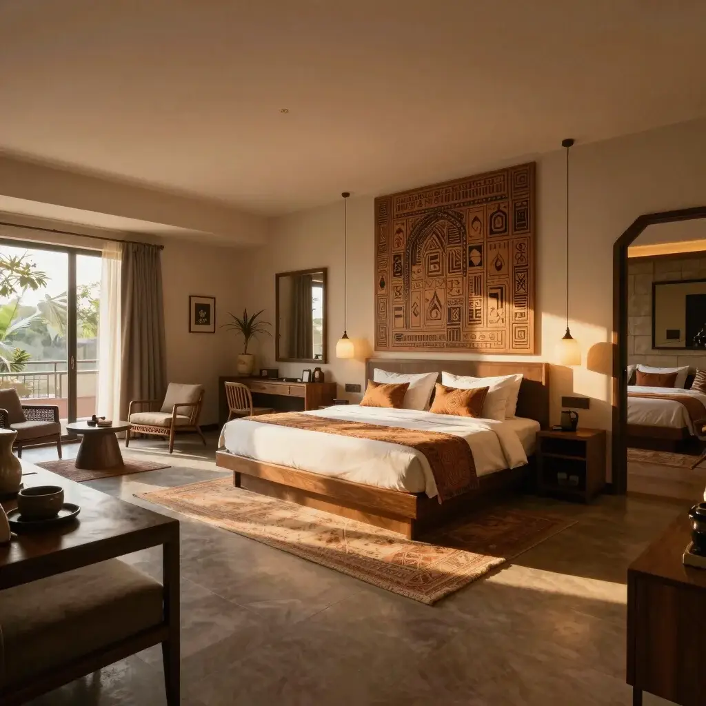 Sunlit interior of a boutique hotel room in Bengaluru, contempora